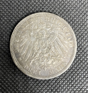 1910-A  3 Mark Wilhelm II German Empire .900 Silver Coin